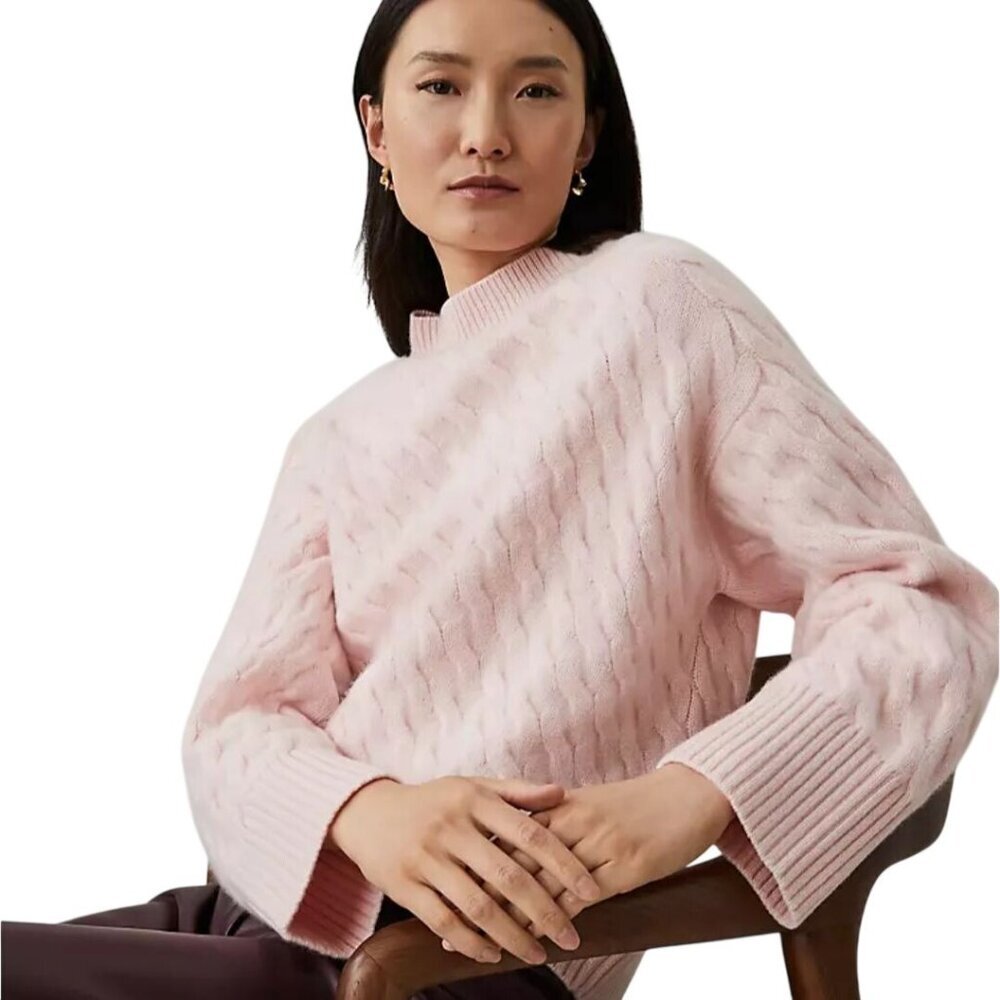 Ann Taylor Pink 100% Cashmere Cable Knit Mock Neck Sweater 2024 Size XS